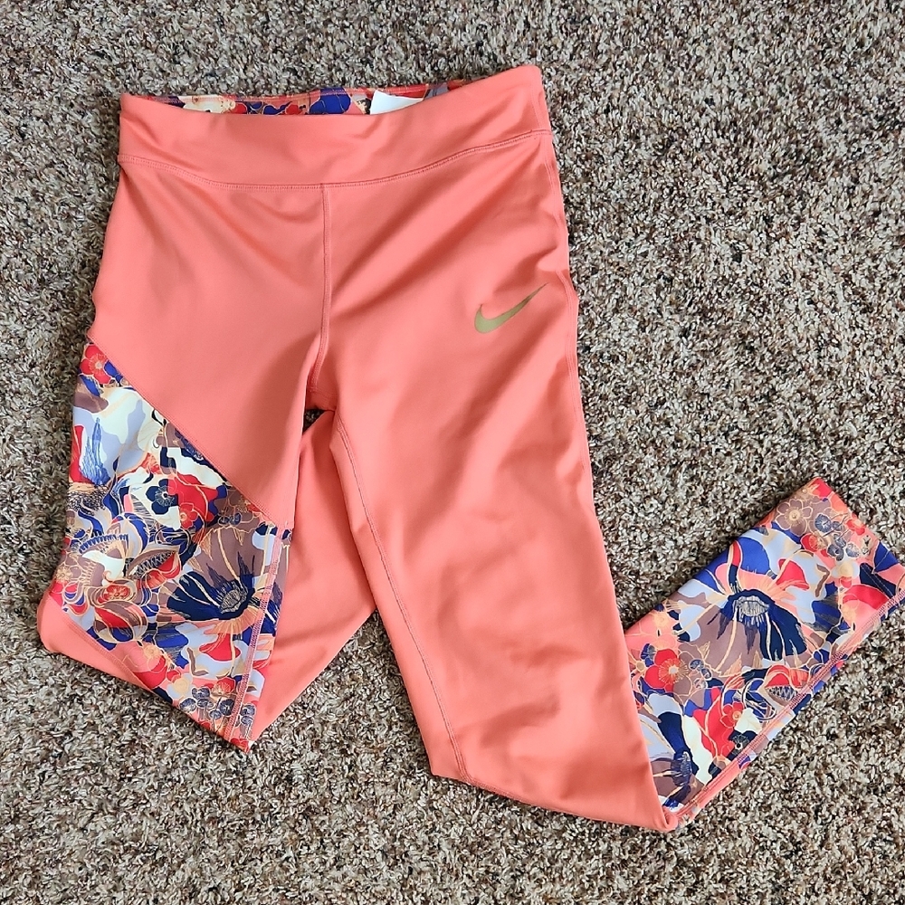 Kids Nike Orange Leggings with Floral Design and High Waist